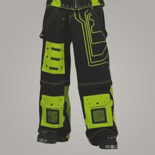 UV Glow Neon Green Rave Trousers with Cargo Pockets Close Up by Jackets Kingdom