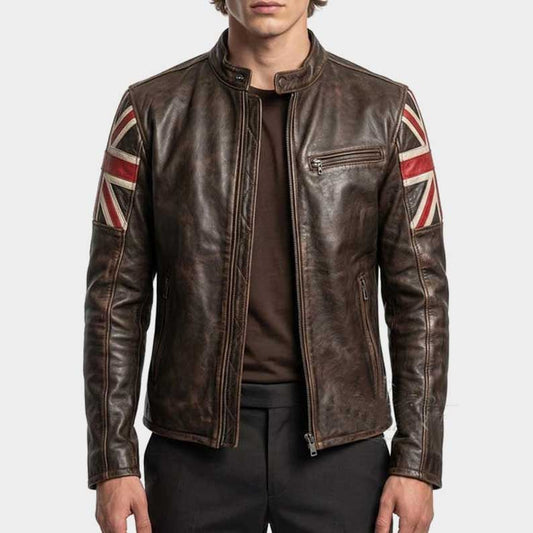 Union Jack cafe racer leather jacket men with British flag sleeve detail in brown vintage style by Jackets Kingdom