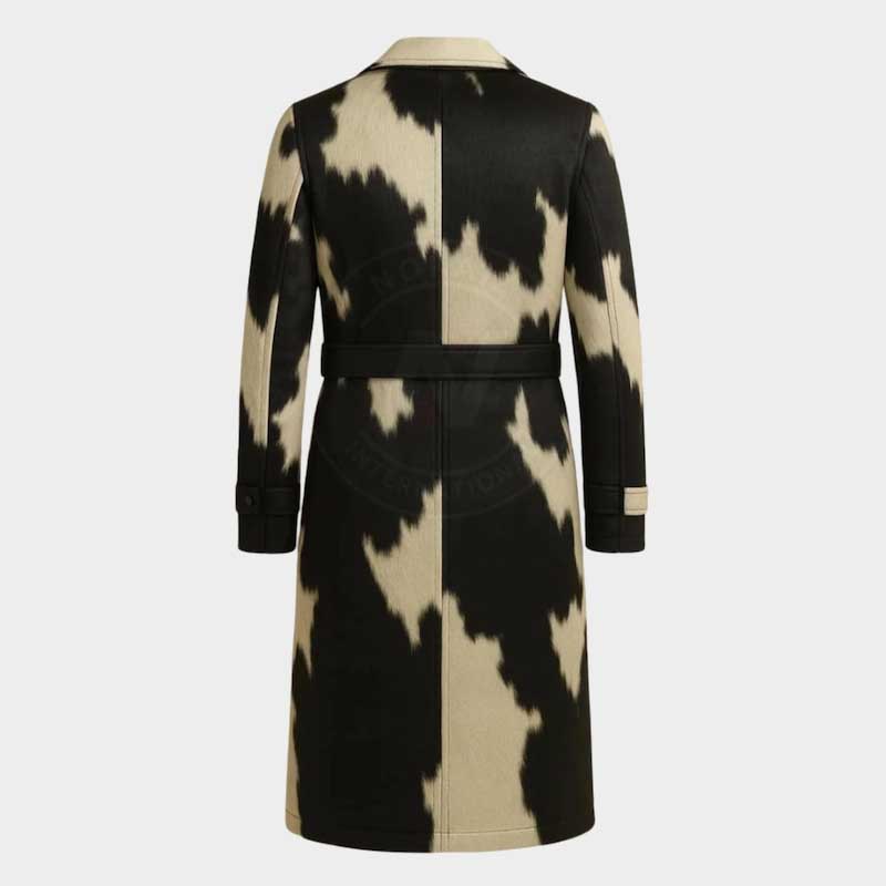 Unique natural black and white cow print long leather trench coat for women by Jackets Kingdom