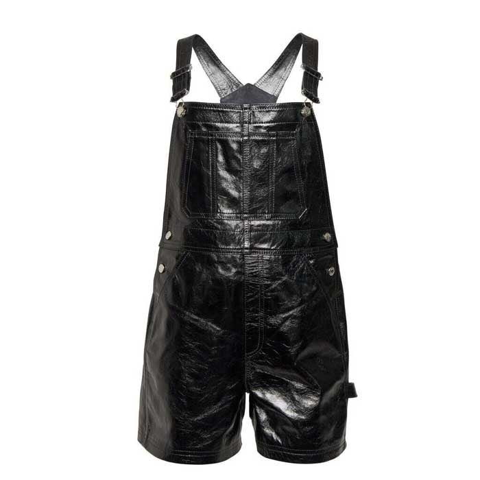 Unisex Black Lambskin Leather Mini Dungarees Romper