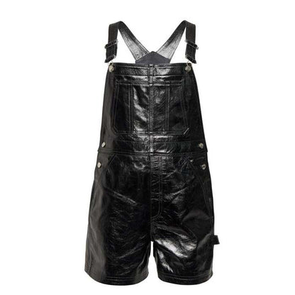 Unisex Black Lambskin Leather Mini Dungarees Romper