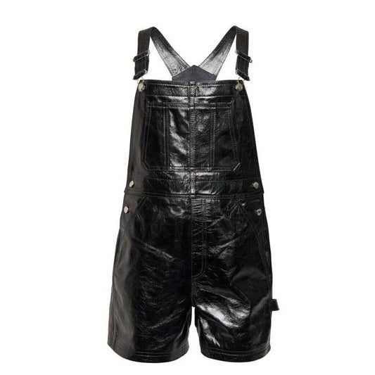 Unisex Black Lambskin Leather Mini Dungarees Romper