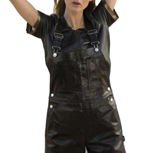 Unisex Black Lambskin Leather Mini Dungarees Romper