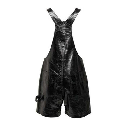 Unisex Black Lambskin Leather Mini Dungarees Romper