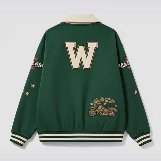 Unisex Faux Suede Varsity Jacket with Embroidered Patches