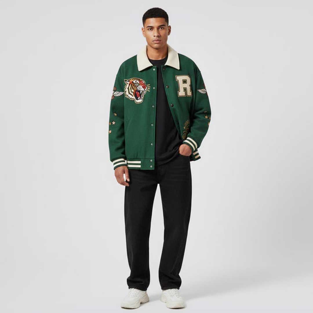 Unisex Faux Suede Varsity Jacket with Embroidered Patches