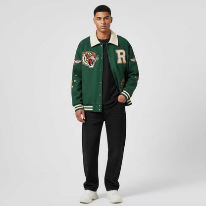 Unisex Faux Suede Varsity Jacket with Embroidered Patches