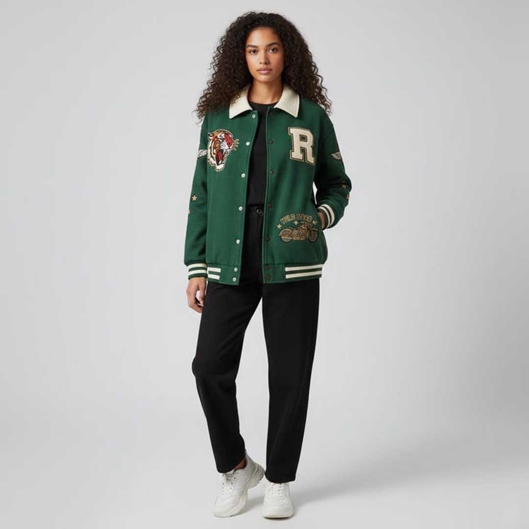 Unisex Faux Suede Varsity Jacket with Embroidered Patches