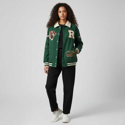 Unisex Faux Suede Varsity Jacket with Embroidered Patches