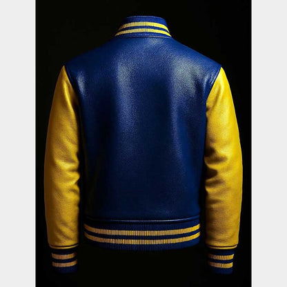 Unisex varsity jacket with ribbed knit striped collar, cuffs and snap button closure