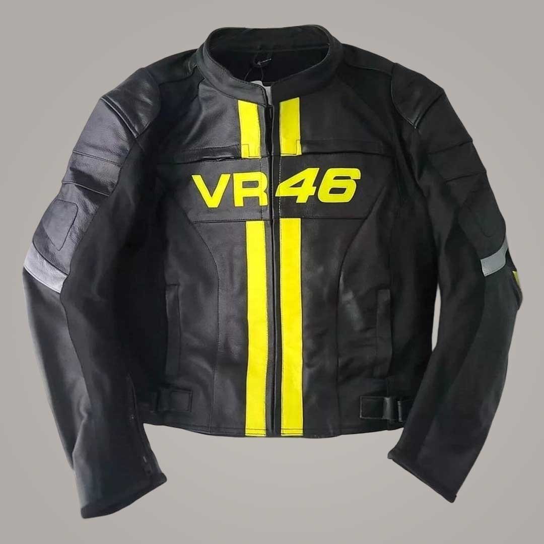VR46 Black Leather Motorcycle Jacket with Yellow Racing Stripes Front View by Jackets Kingdom