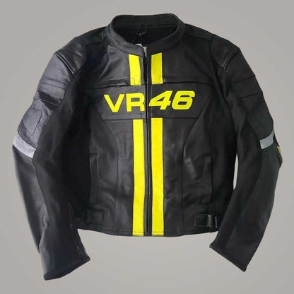 VR46 Black Leather Motorcycle Jacket with Yellow Racing Stripes Front View by Jackets Kingdom