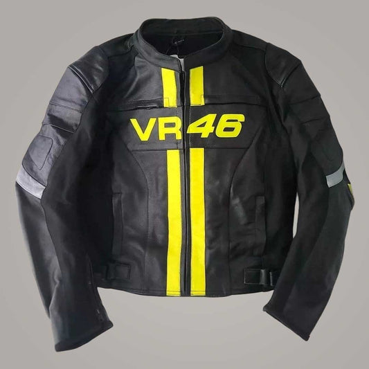VR46 Black Leather Motorcycle Jacket with Yellow Racing Stripes Front View by Jackets Kingdom