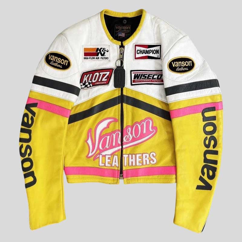 Vanson Leathers Cropped Racing Leather Jacket Yellow White Pink
