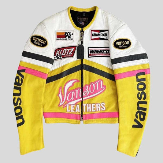 Vanson Leathers Cropped Racing Leather Jacket Yellow White Pink