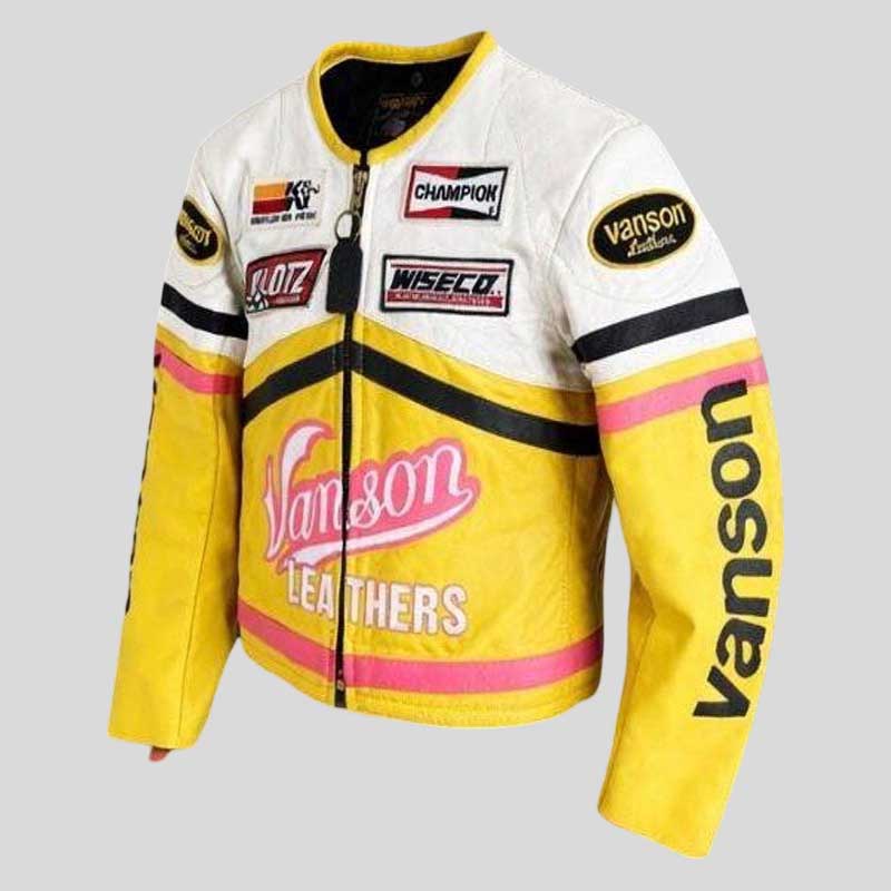 Vanson Leathers Cropped Racing Leather Jacket Yellow White Pink