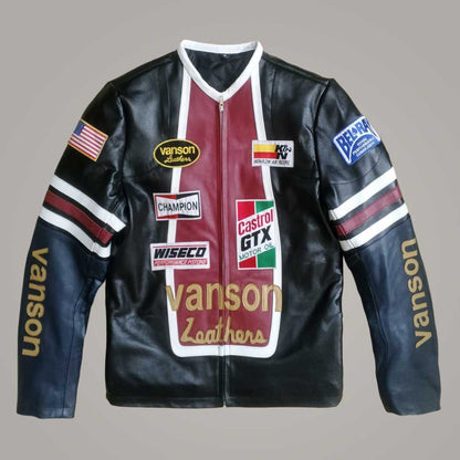 Vanson Leathers Style Retro Racing Jacket - Premium Black & Navy Leather with Authentic Sponsor Patches