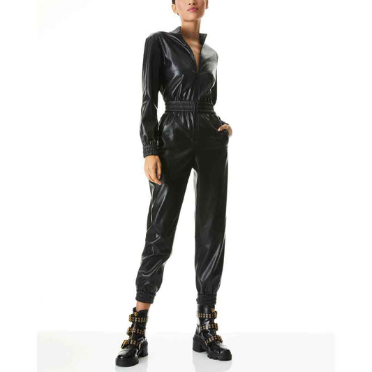Vintage Black Smocked Waist Leather Jumpsuit for Women