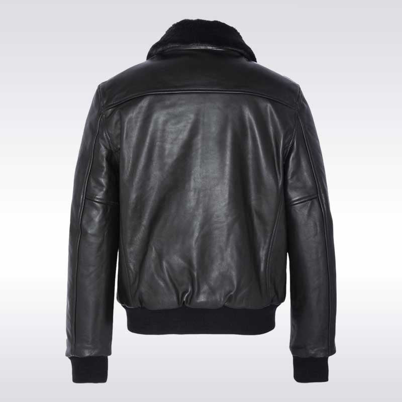Vintage Black Shearling Leather Jacket with Removable faux fur collar