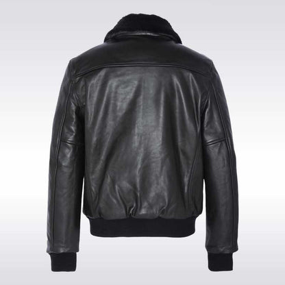 Vintage Black Shearling Leather Jacket with Removable faux fur collar