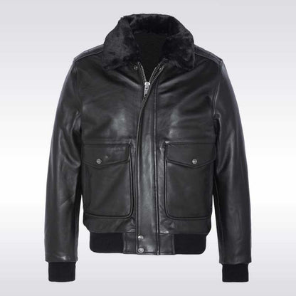 Vintage Black Shearling Leather Jacket with Removable faux fur collar