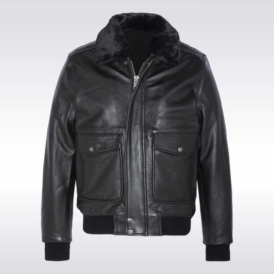 Vintage Black Shearling Leather Jacket with Removable faux fur collar