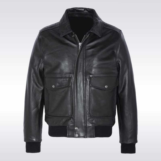 Vintage Black Shearling Leather Jacket with Removable faux fur collar