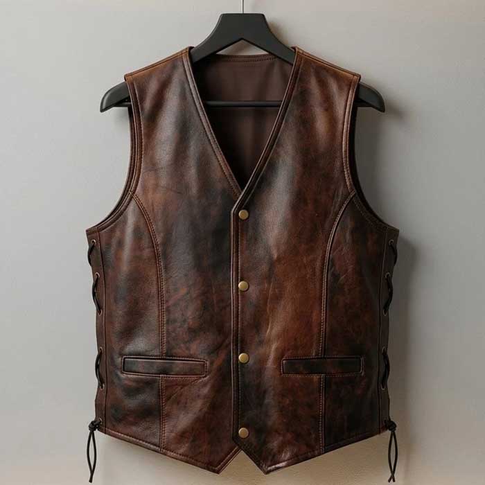 Vintage Brown Genuine Leather Motorcycle Vest with Side Lace Design
