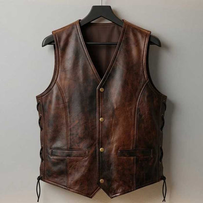 Vintage Brown Genuine Leather Motorcycle Vest with Side Lace Design