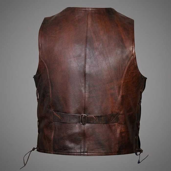 Vintage Brown Genuine Leather Motorcycle Vest with Side Lace Design