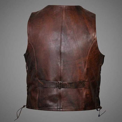 Vintage Brown Genuine Leather Motorcycle Vest with Side Lace Design