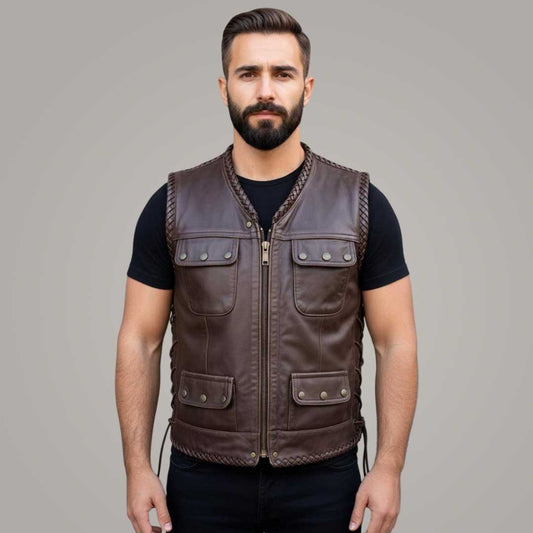 Vintage Brown Leather Biker Vest Western Style Motorcycle Vest