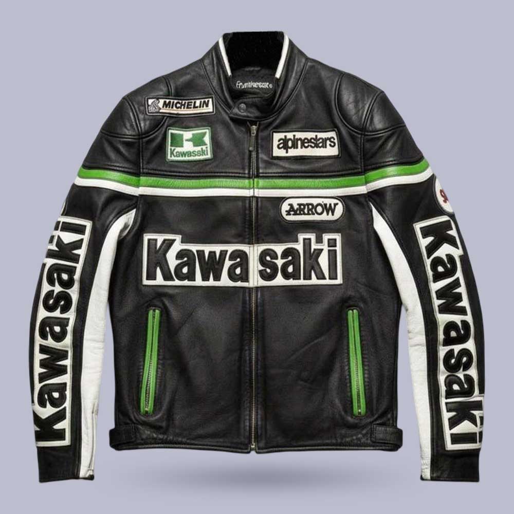 Vintage Kawasaki Leather Motorcycle Jacket with Racing Patches by Jackets Kingdom