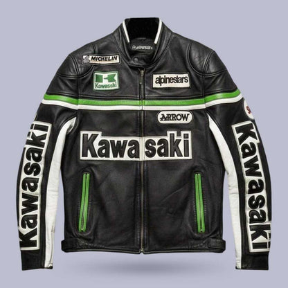Vintage Kawasaki Leather Motorcycle Jacket with Racing Patches by Jackets Kingdom