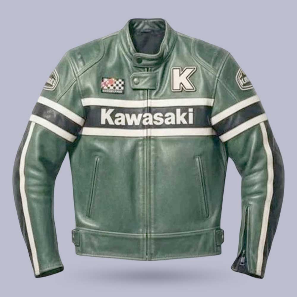Vintage Kawasaki Racing Leather Jacket in Green by Jackets Kingdom