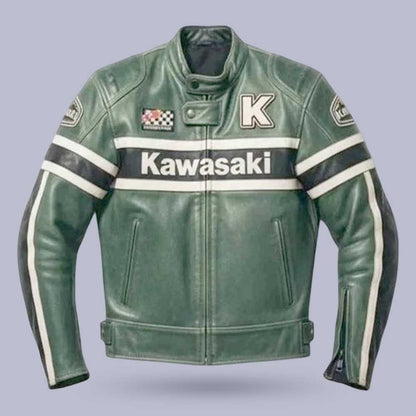 Vintage Kawasaki Racing Leather Jacket in Green by Jackets Kingdom