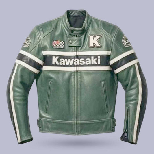 Vintage Kawasaki Racing Leather Jacket in Green by Jackets Kingdom