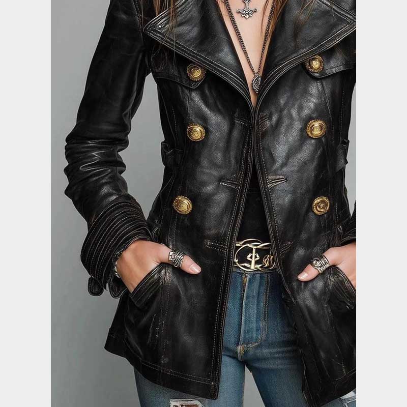 Vintage black leather coat with hand-stitched details and sophisticated military silhouette