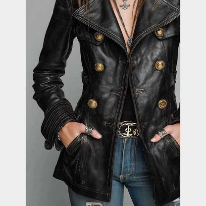 Vintage black leather coat with hand-stitched details and sophisticated military silhouette