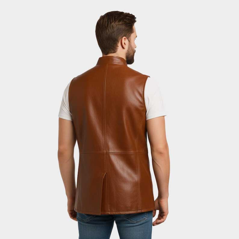 Vintage black leather vest featuring metal buckle fastening by Jackets Kingdom