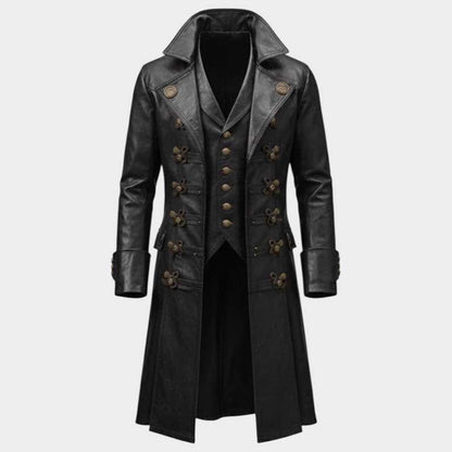 Vintage black steampunk leather coat for men with antique brass buttons and gothic detailing by Jackets Kingdom