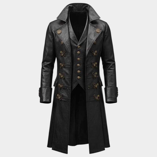 Vintage black steampunk leather coat for men with antique brass buttons and gothic detailing by Jackets Kingdom