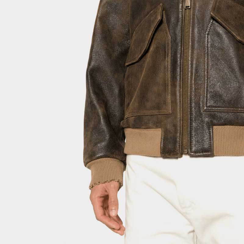 Vintage sheepskin leather bomber in rich brown with luxurious removable collar and timeless style