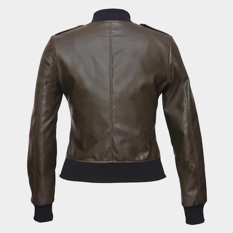 Vintage style women's olive leather bomber jacket with zipper closure by Jackets Kingdom