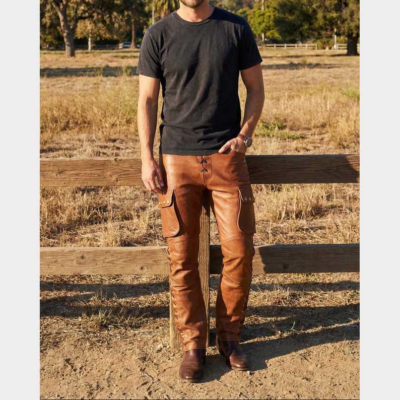 Western style cargo leather pants for men with two side pockets and two back pockets in premium quality by Jackets Kingdom