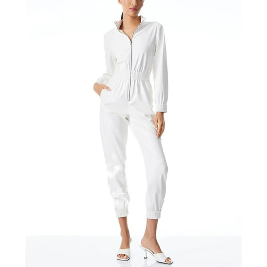 White Elasticized Detailed Leather Jumpsuit for Women