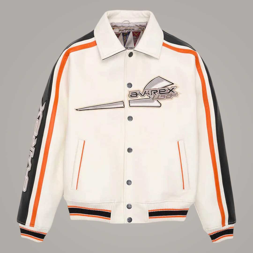 White City Racer Bomber Avirex Leather Jacket Front View by Jackets Kingdom