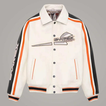 White City Racer Bomber Avirex Leather Jacket Front View by Jackets Kingdom