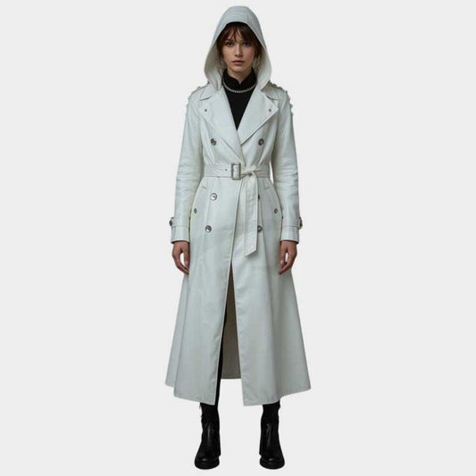 White hooded leather trench coat with studded shoulder accents and belted waist by Jackets Kingdom
