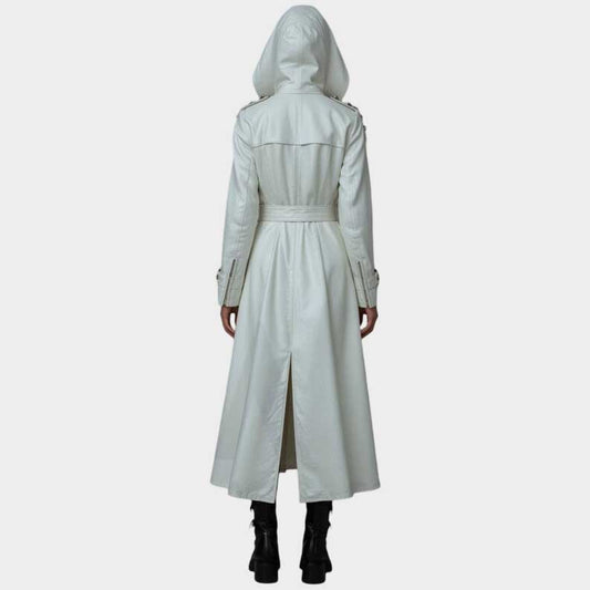 Handmade long maxi leather duster in white with gothic hood and adjustable fit by Jackets Kingdom